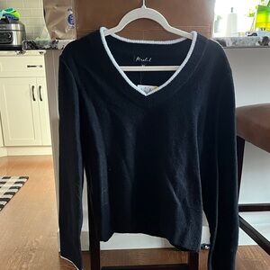 Marled Classic Black V-Neck Sweater with White Edging